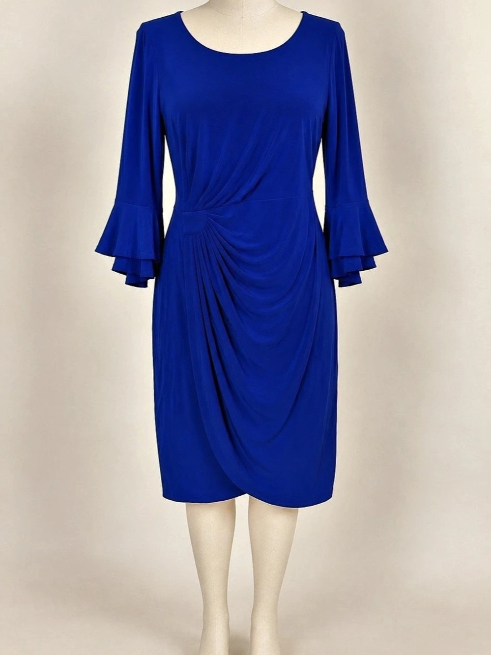 Connected Apparel 18W Cobalt Blue Ruched Faux Wrap Bell Sleeve Dress